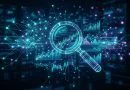 Visualisasi abstrak audit berbasis AI berupa jaringan kecerdasan buatan, grafik keuangan digital, dan analisis data modern