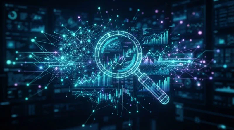 Visualisasi abstrak audit berbasis AI berupa jaringan kecerdasan buatan, grafik keuangan digital, dan analisis data modern