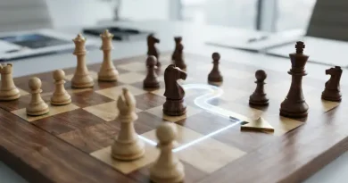 Simbolisasi strategi bisnis yang berubah arah secara teratur menggunakan bidak catur dan jalur arah baru yang bercahaya
