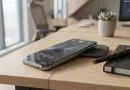 Ilustrasi konsep desain smartphone masa depan di atas meja kerja minimalis
