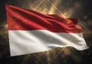Ilustrasi bendera merah putih berkibar dengan latar belakang abstrak berwarna emas melambangkan kemerdekaan Indonesia