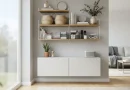 Ruangan rumah minimalis yang rapi dan tertata dengan rak dinding fungsional.
