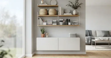 Ruangan rumah minimalis yang rapi dan tertata dengan rak dinding fungsional.