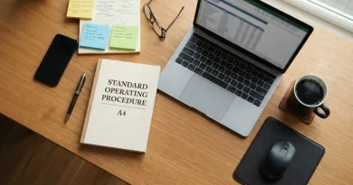 Pentingnya SOP Sejak Dini bagi Kelangsungan Bisnis Buku panduan Standar Operasional Prosedur (SOP) diletakkan rapi di atas meja kerja yang modern.