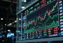 Ilustrasi grafik pasar modal dan fluktuasi harga saham di papan elektronik bursa efek