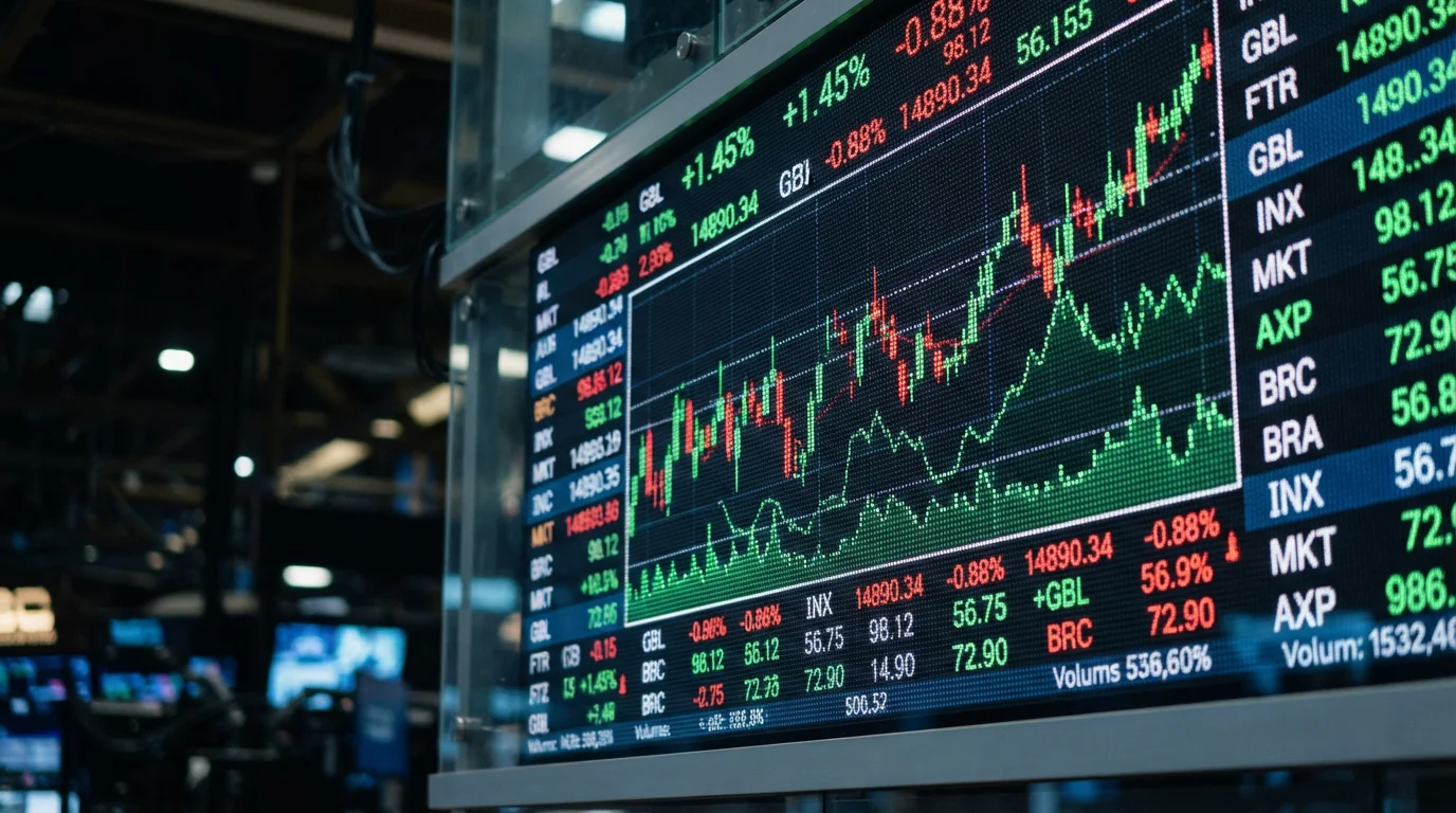 Ilustrasi grafik pasar modal dan fluktuasi harga saham di papan elektronik bursa efek