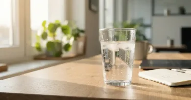 Pentingnya Minum Air Putih dalam Aktivitas Sehari-hari Segelas air putih bersih diletakkan di atas meja kerja kayu dengan latar belakang terang