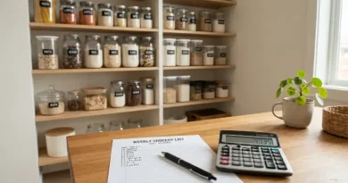 Belanja Bulanan Lebih Efisien Melalui Perencanaan Matang Ilustrasi perencanaan belanja bulanan yang efisien dengan daftar belanja dan stoples bumbu dapur yang rapi.