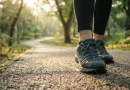 Sepasang sepatu olahraga di atas lintasan pejalan kaki taman kota yang asri saat pagi hari