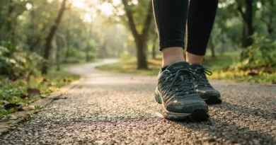 Jalan Kaki Menjadi Pilihan Aktivitas Fisik Praktis Sepasang sepatu olahraga di atas lintasan pejalan kaki taman kota yang asri saat pagi hari