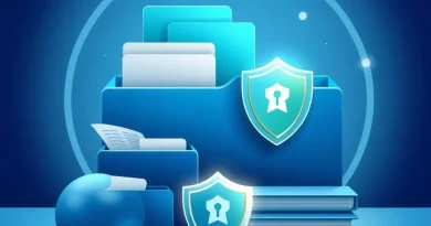 Ilustrasi konseptual dokumen bisnis dan perlindungan arsip data digital operasional perusahaan.