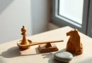 Timbangan kayu dan bidak catur di atas meja batu menggambarkan keseimbangan dan ketegasan dalam komunikasi.
