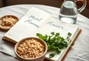 Buku jurnal perencanaan menu berdampingan dengan mangkuk biji-bijian gandum dan botol kaca air putih di atas meja kayu.