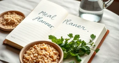 Pola Makan Harian Teratur Lewat Perencanaan Menu dan Asupan Serat Buku jurnal perencanaan menu berdampingan dengan mangkuk biji-bijian gandum dan botol kaca air putih di atas meja kayu.