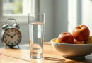 Segelas air putih dan semangkuk buah segar di atas meja kayu yang melambangkan kebiasaan sehat menjaga energi.