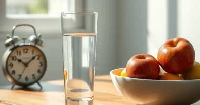 Segelas air putih dan semangkuk buah segar di atas meja kayu yang melambangkan kebiasaan sehat menjaga energi.