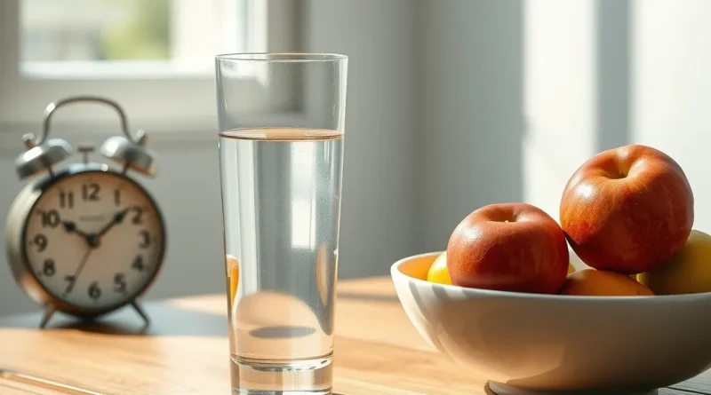 Segelas air putih dan semangkuk buah segar di atas meja kayu yang melambangkan kebiasaan sehat menjaga energi.