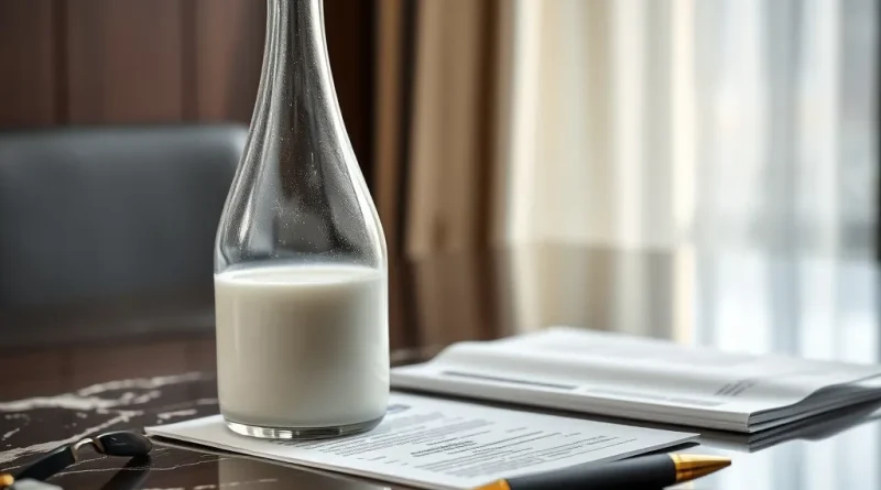 Ilustrasi konseptual botol susu dan dokumen keuangan di atas meja kayu