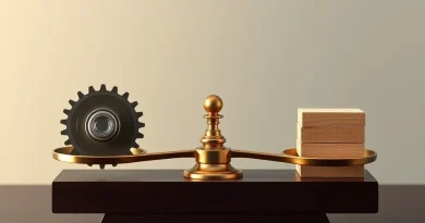 Efisiensi Outsourcing Dibandingkan Dikerjakan Sendiri Timbangan kuningan di atas meja kerja kayu menggambarkan pertimbangan efisiensi alih daya dan pengerjaan mandiri.