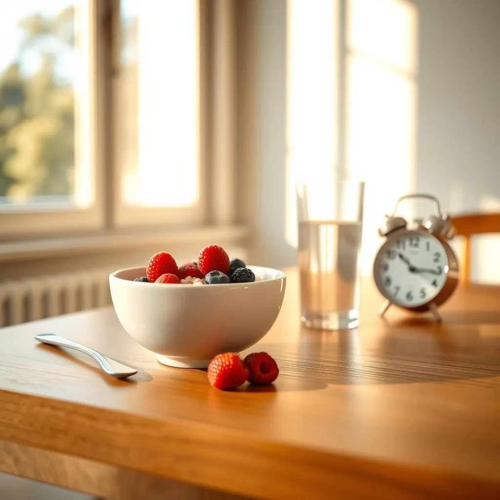 Sajian sarapan bergizi di atas meja kayu dengan pencahayaan alami pagi hari