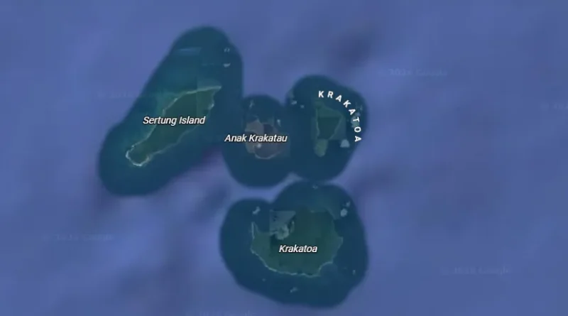 Ilustrasi batuan vulkanik hitam dan uap geotermal di tepi perairan
