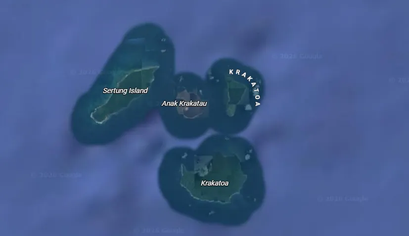 Ilustrasi batuan vulkanik hitam dan uap geotermal di tepi perairan