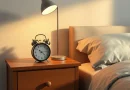 Suasana meja samping tempat tidur yang tenang dengan jam weker analog dan pencahayaan hangat temaram
