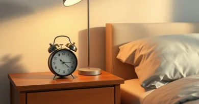 Suasana meja samping tempat tidur yang tenang dengan jam weker analog dan pencahayaan hangat temaram