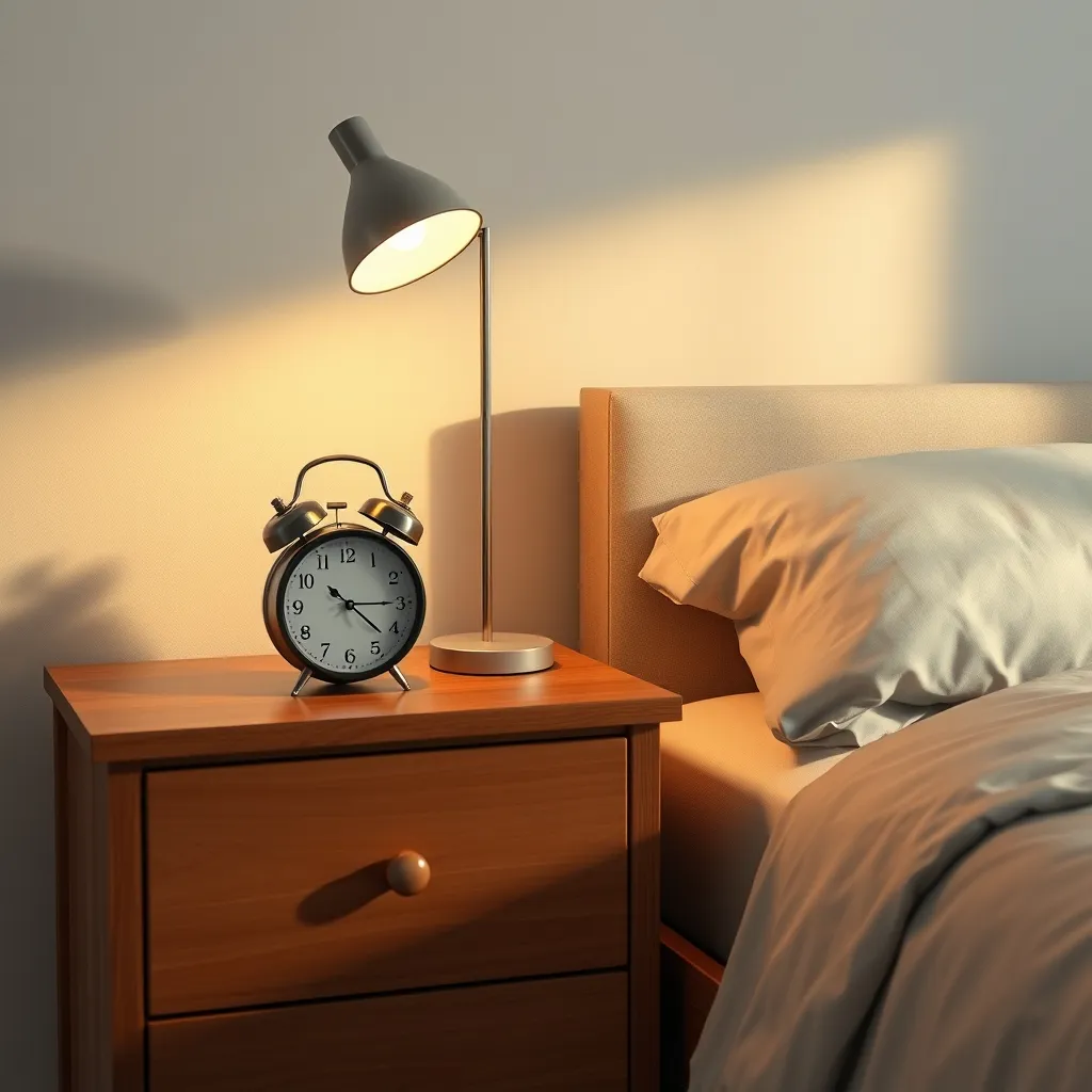 Suasana meja samping tempat tidur yang tenang dengan jam weker analog dan pencahayaan hangat temaram