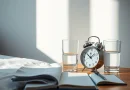 Penataan meja samping tempat tidur dengan jam weker, buku agenda, dan pakaian yang telah disiapkan