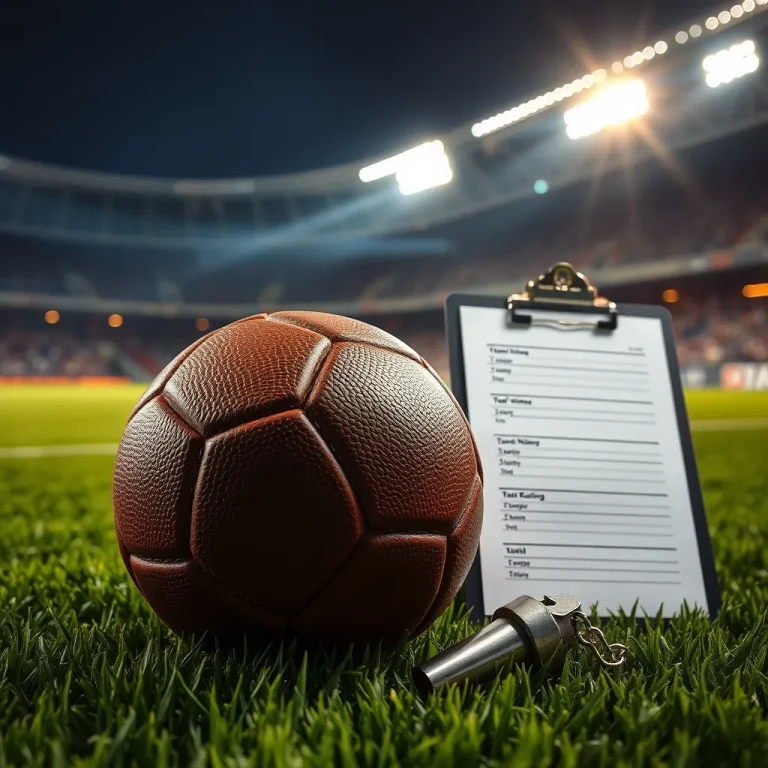 Bola sepak di atas rumput lapangan hijau stadion dengan pencahayaan dramatis melambangkan turnamen dan perhitungan ranking FIFA