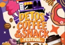 Cangkir kopi hitam, pastry hangat, dan sabun batang alami dari ampas kopi di atas meja kayu