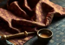Kain batik tulis tradisional bernuansa klasik dengan alat canting tembaga di atas meja kayu