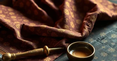Kain batik tulis tradisional bernuansa klasik dengan alat canting tembaga di atas meja kayu