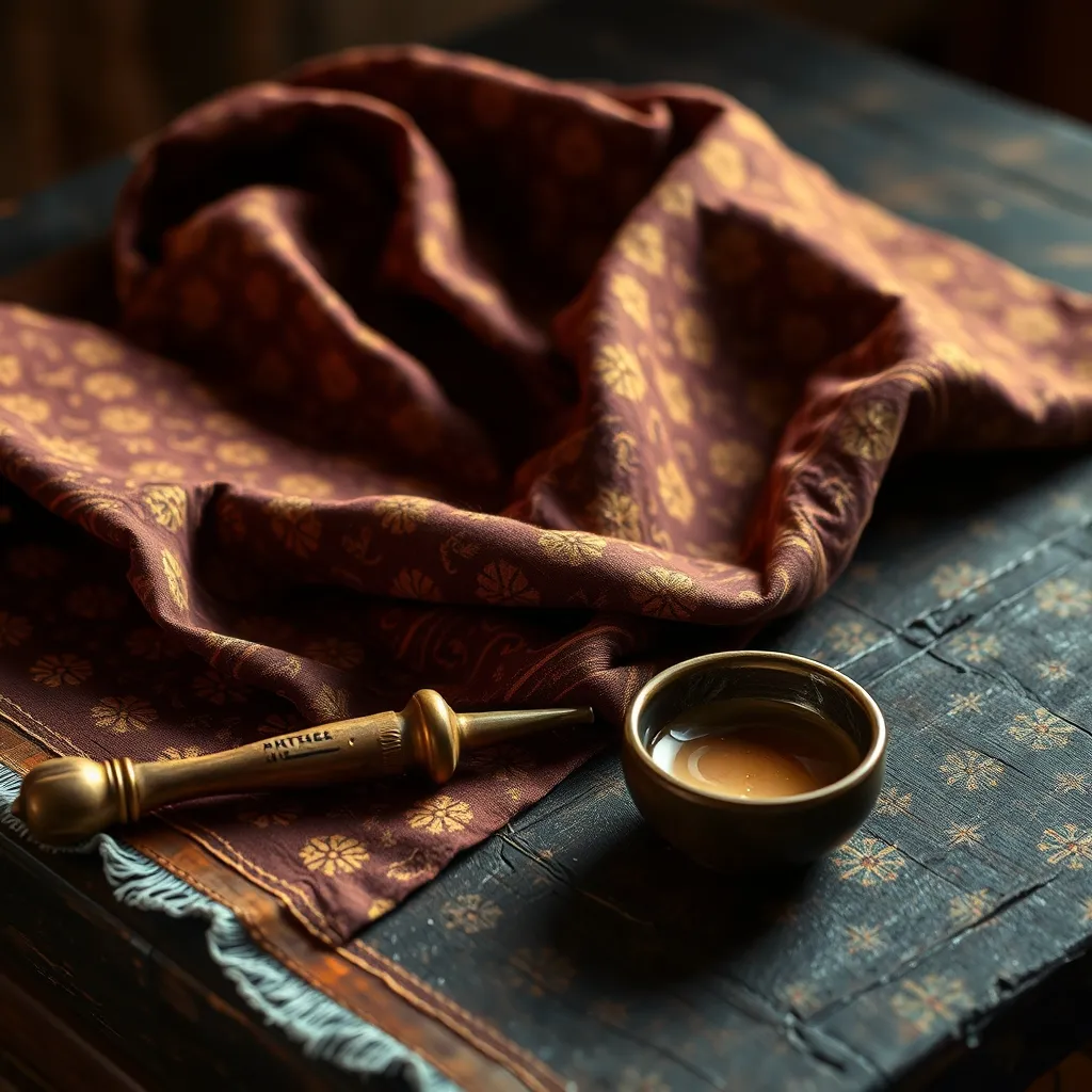 Kain batik tulis tradisional bernuansa klasik dengan alat canting tembaga di atas meja kayu