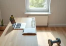 Meja kerja kayu minimalis dengan laptop dan matras olahraga di lantai sebagai representasi gaya hidup aktif saat bekerja dari rumah.