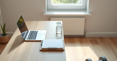 Meja kerja kayu minimalis dengan laptop dan matras olahraga di lantai sebagai representasi gaya hidup aktif saat bekerja dari rumah.