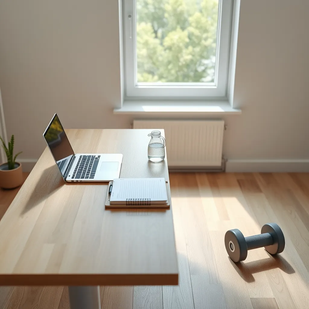 Meja kerja kayu minimalis dengan laptop dan matras olahraga di lantai sebagai representasi gaya hidup aktif saat bekerja dari rumah.