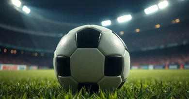 Ilustrasi bola sepak resmi di atas rumput lapangan hijau stadion di bawah sorotan lampu malam dramatis