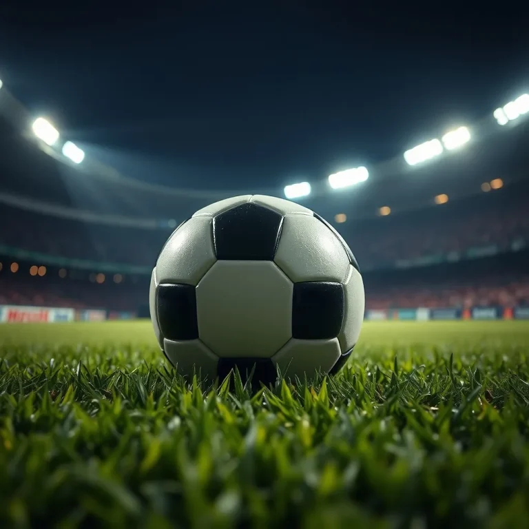 Ilustrasi bola sepak resmi di atas rumput lapangan hijau stadion di bawah sorotan lampu malam dramatis