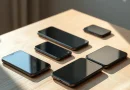 Deretan smartphone modern di atas meja kayu dengan pencahayaan alami