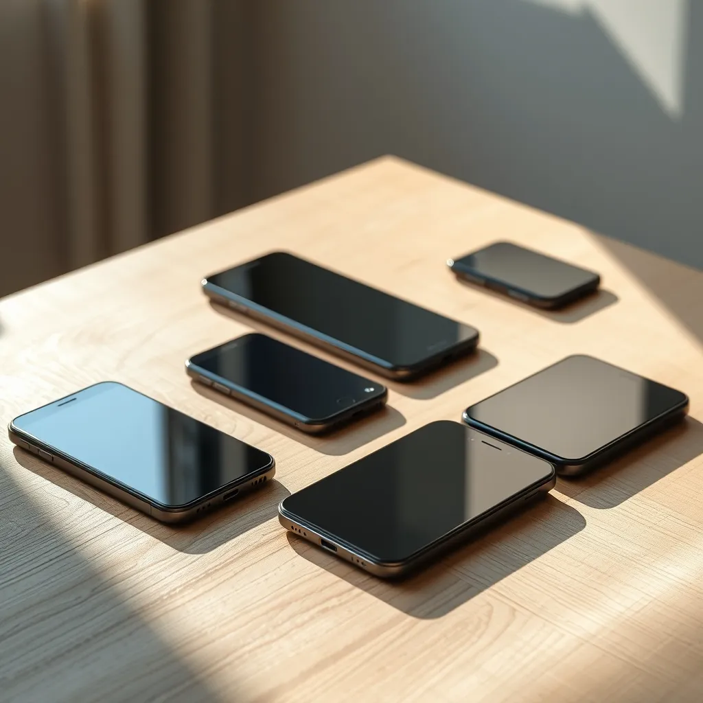 Deretan smartphone modern di atas meja kayu dengan pencahayaan alami