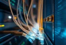 Konsep infrastruktur data digital dan kabel serat optik bercahaya
