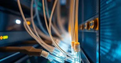 Konsep infrastruktur data digital dan kabel serat optik bercahaya
