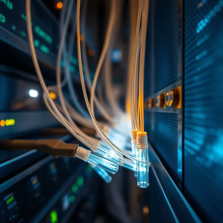 Konsep infrastruktur data digital dan kabel serat optik bercahaya