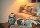 Suasana meja samping tempat tidur yang tenang dengan jam weker, buku, dan cangkir hangat