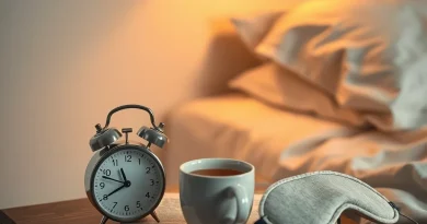 Suasana meja samping tempat tidur yang tenang dengan jam weker, buku, dan cangkir hangat