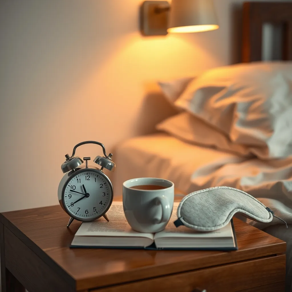 Suasana meja samping tempat tidur yang tenang dengan jam weker, buku, dan cangkir hangat