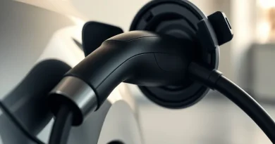 Kabel pengisi daya mobil listrik terhubung ke soket kendaraan dengan pencahayaan lembut