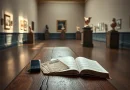 Ilustrasi tiket pameran dan suasana galeri museum untuk memperingati Hari Museum Nasional